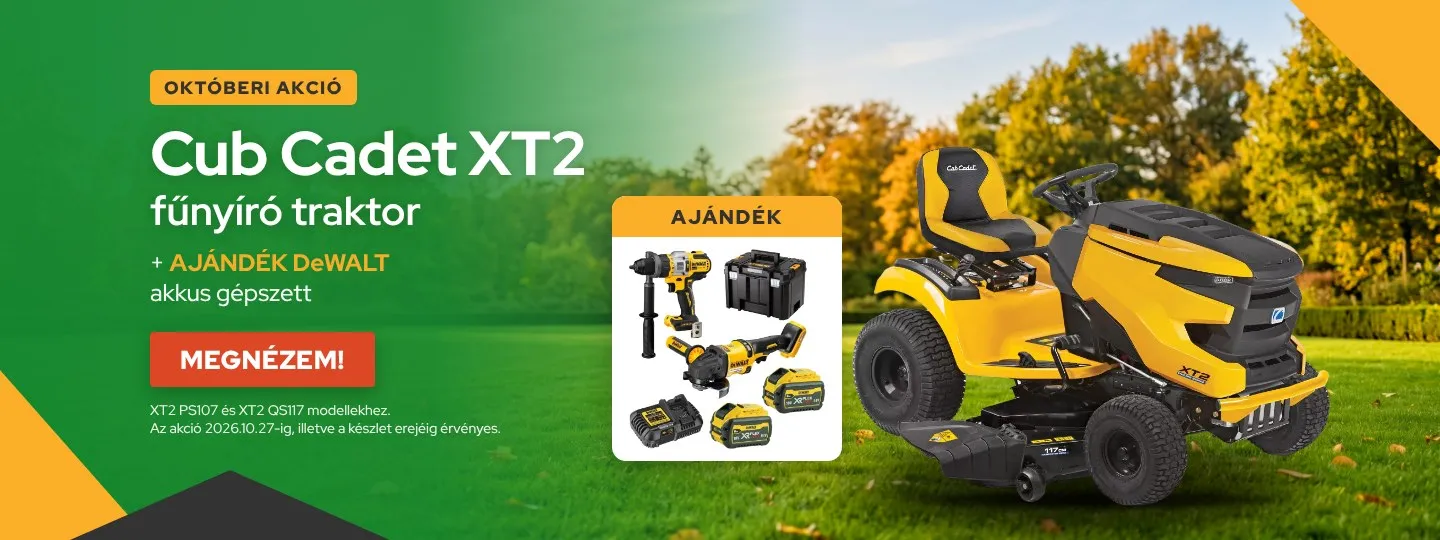 Cub Cadet XT2 fűnyíró traktor ajándék DeWALT akkus gépszettel – XT2 PS107 és QS117, 2026.10.27-ig