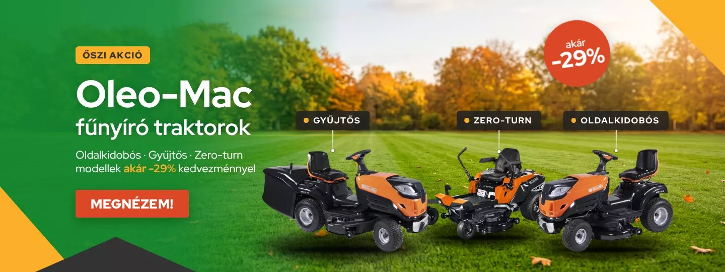 Őszi Oleo-Mac fűnyíró traktor akció – oldalkidobós, gyűjtős és zero-turn modellek akár -29% kedvezménnyel
