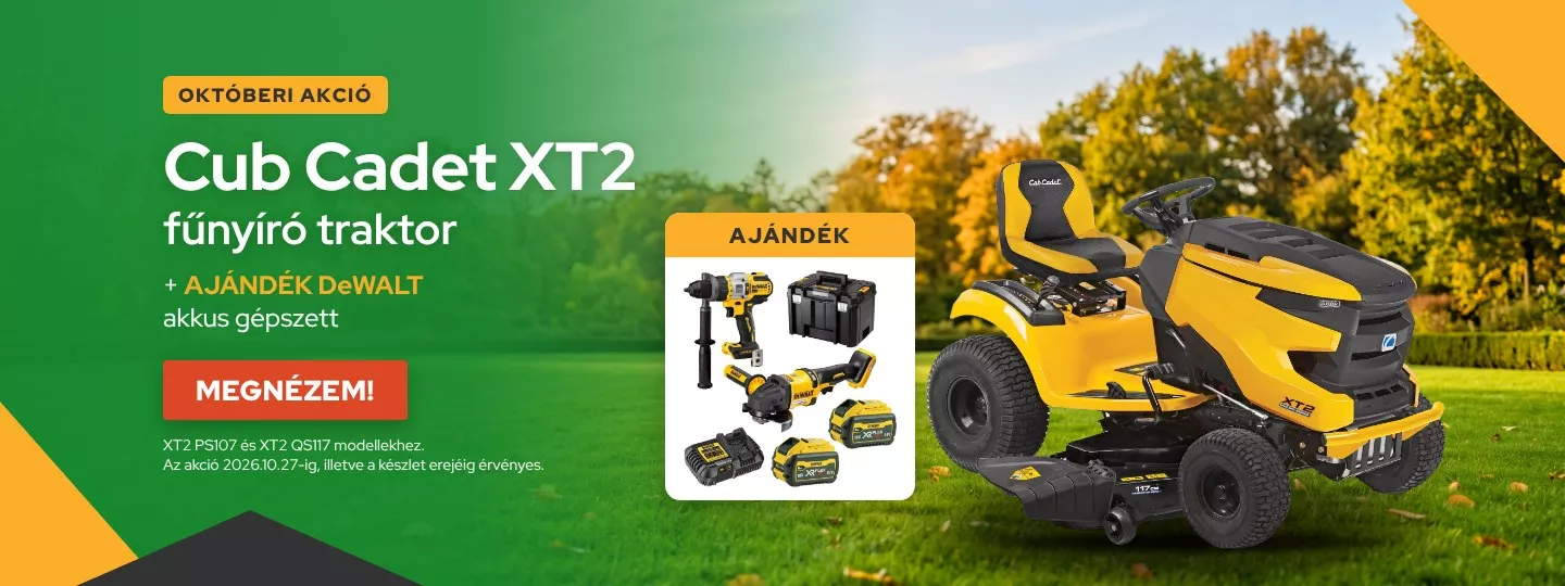 Cub Cadet XT2 fűnyíró traktor ajándék DeWALT akkus gépszettel – XT2 PS107 és QS117, 2026.10.27-ig