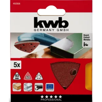   KWB EXPERT ABRASIVE QUICK-STICK ALUMINIUM OXIDE SANDING TRIANGLES for WOOD and METAL tépőzáras delta csiszolólap 5 db 93 mm G60 (49492806)