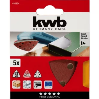   KWB EXPERT ABRASIVE QUICK-STICK ALUMINIUM OXIDE SANDING TRIANGLES for WOOD and METAL tépőzáras delta csiszolólap 5 db 93 mm G240 (49492824)